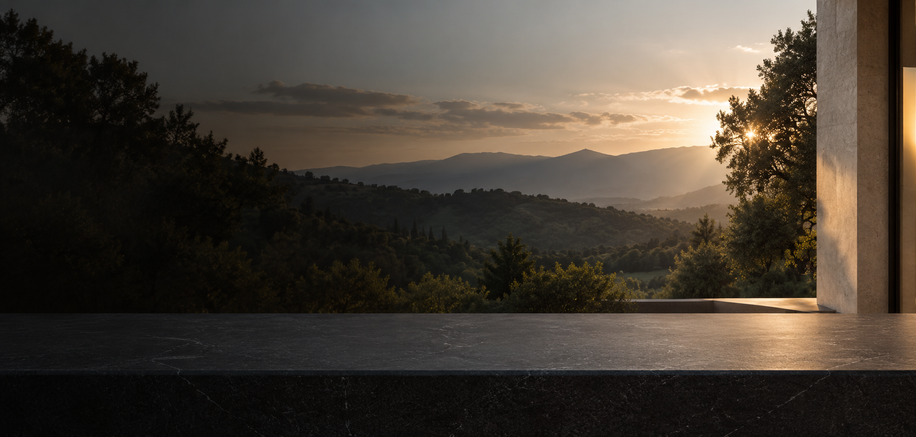 A refined golden-hour landscape overlooking rolling foothills